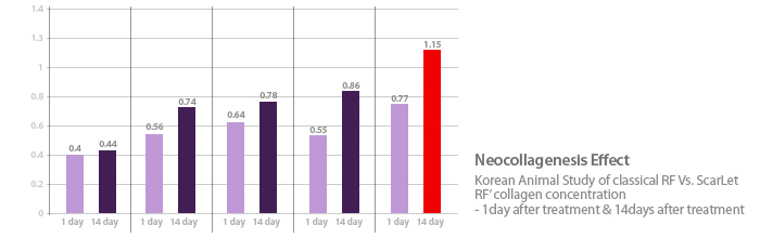 Neocollagenesls Effect Korean Animal study of classical RF Vs. ScarLet RF' colllagen concentration - 1day after treatment & 14days after treatment